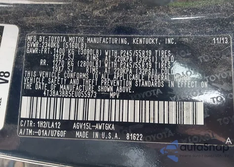 2014 Toyota Venza Xle z USA, uszkodzony, nr VIN 4T3BA3BB5EU055973